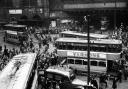 Two trams colliding in Glasgow city centre in 1951