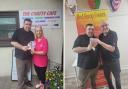 Joe Gibson, owner of Adrianos handing over cash raised from the chip shop's 'supper special' to Maureen Cummings [left] and Jim McLaren [right]
