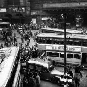Two trams colliding in Glasgow city centre in 1951