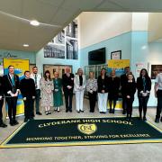 Clydebank pupils celebrate with headteacher Jacqui Lynam and WD Councillors Councillor Clare Steel and John Millar