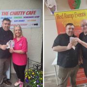 Joe Gibson, owner of Adrianos handing over cash raised from the chip shop's 'supper special' to Maureen Cummings [left] and Jim McLaren [right]