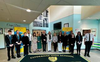 Clydebank pupils celebrate with headteacher Jacqui Lynam and WD Councillors Councillor Clare Steel and John Millar