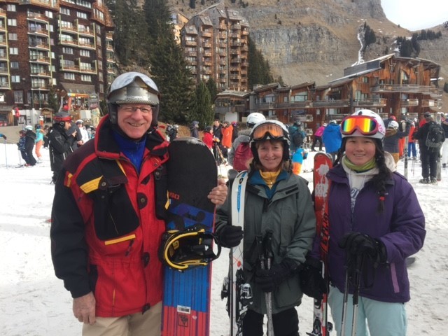 Gil with Sheila and Lucy on the snowboarding slopes