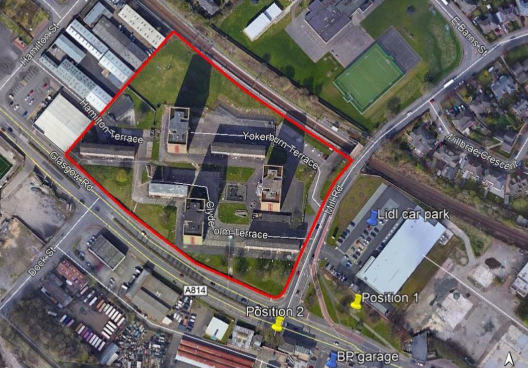 The former flats were wedged between Glasgow Road and Yoker rail station