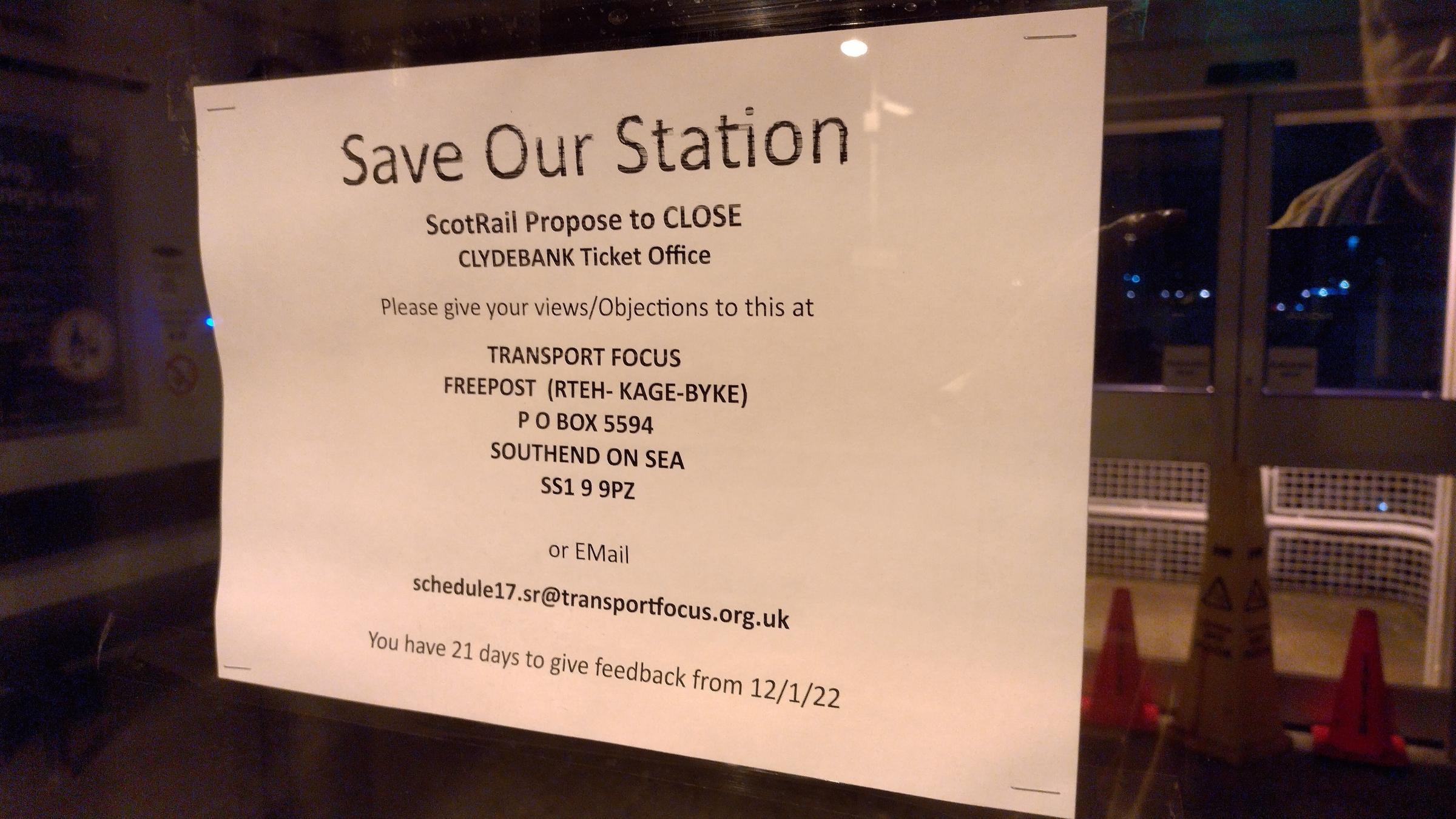 Save Our Station: Campaign sign on Clydebank rail stations ticket office