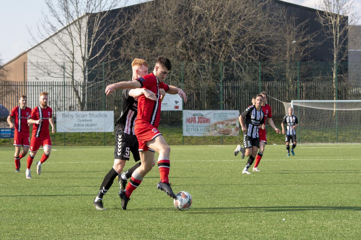 Larry McMahon, seen here holding back Ciaran Mulcahy during the 1-1 draw between Clydebank and Beith at Holm Park in March, is one of three new additions to Gordon Moffat’s ranks for the new campaign (Photo - Stevie Doogan).