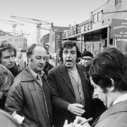 Jimmy Reid and Bob Dickie talk to reporters during the Upper Clyde Shipbuilders work-in in 1971