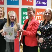 (Pictured L to R) Head Teacher Jane Crombie, Winner Maddisyn McKinlay, Chair of NHS 24 Public Partnership Forum Anne MacDougall, and NHS 24 Head of Clinical Services Nicola Paterson