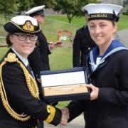 In recognition of being the Navy’s top reservist, Sandi, pictured right above, was presented with the MacRobert Trust’s Boatswain’s Call Award from Commodore of the Maritime Reserves, Commodore Jo Adey, at the Accelerated Rating Programme Pass out