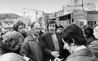 Jimmy Reid and Bob Dickie talk to reporters during the Upper Clyde Shipbuilders work-in in 1971